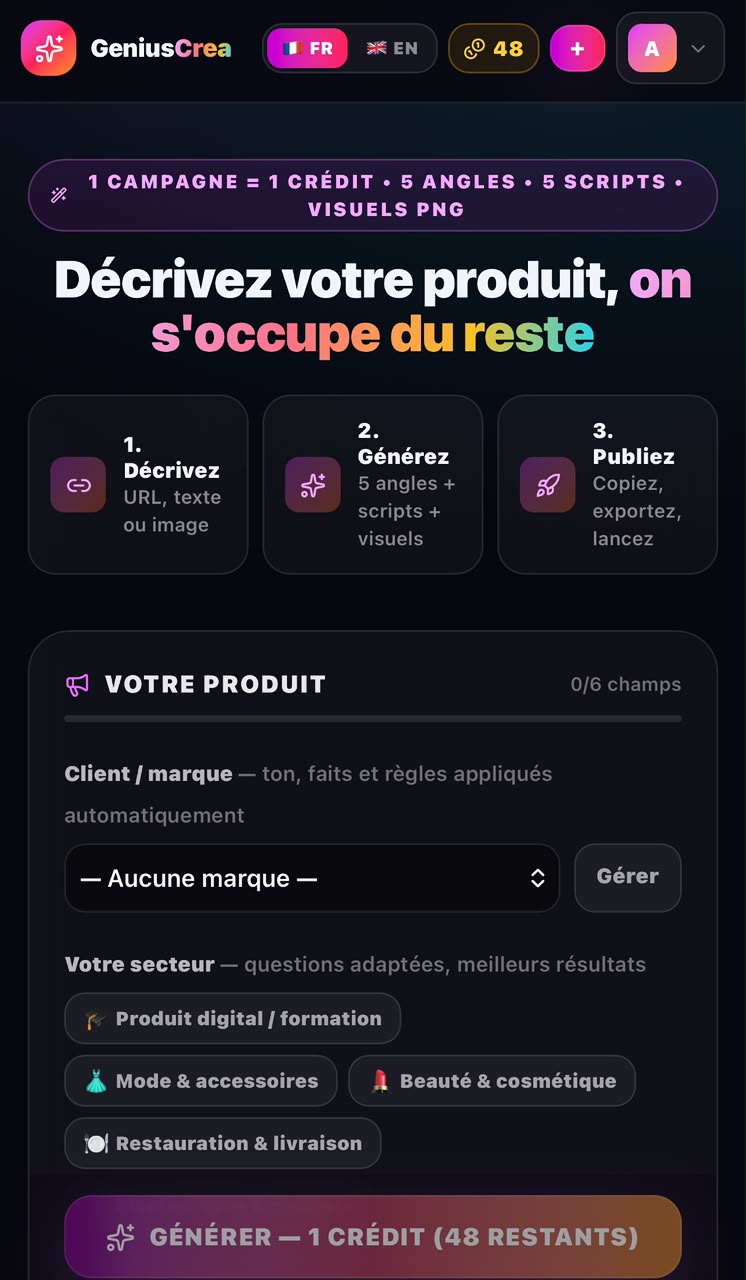 GeniusCrea studio — vue mobile